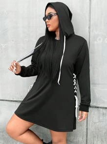 Flirla Plus Lace Up Side Drawstring Hooded Sweatshirt Dress - Black - View 1