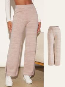 SHEIN BASICS Split Hem Straight Leg Sweater Pants - Khaki - View 1