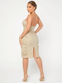 SHEIN SXY 荷葉邊抹胸緊身連衣裙 - 卡其色 - 查看 2