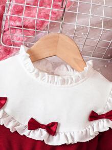 女嬰雙色前蝴蝶結荷葉邊洋裝 - 紅色 - 查看 3