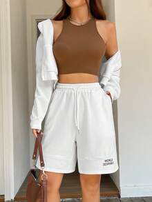 SHEIN EZwear Letter Graphic Drawstring Waist Track Shorts - White - View 3