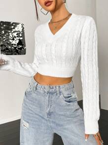 Flirla Solid Cable Knit Crop Sweater,Long Sleeve Tops Knit Pullover Fall Winter Sweater - White - View 5