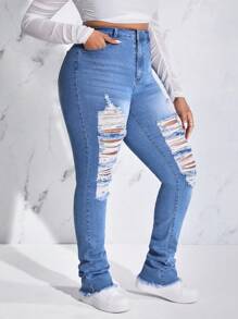 CovetEZ Plus Ripped Raw Hem Skinny Jeans - Light Wash - View 1