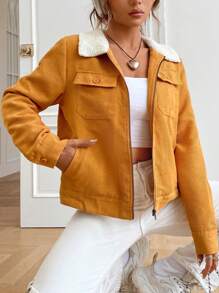SHEIN EZwear Borg Collar Flap Pocket Zipper Up Jacket - Brown - View 3