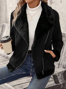 SHEIN LUNE Lapel Neck Zip Up Slant Pocket Thermal Lined Suedette Moto Jacket - Black - View 4