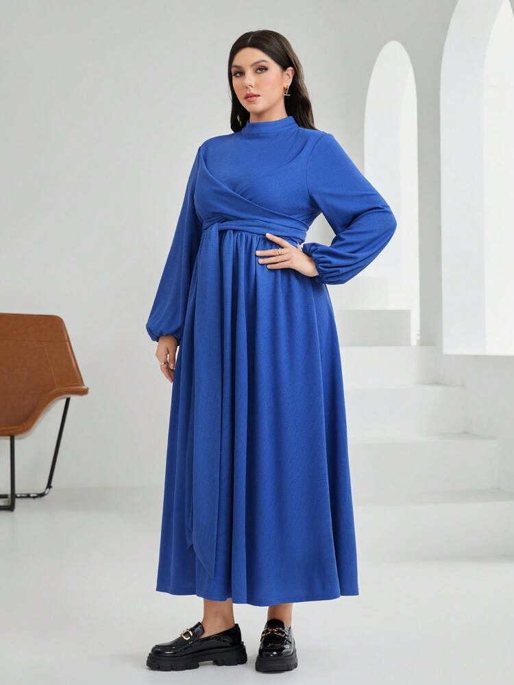 Solid Color Half High Neck Lantern Sleeve Crossover Belted Dress