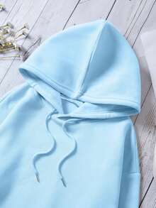 SHEIN EZwear 熊和字母圖案抽繩加絨內裏連帽衫 - 淺藍色 - 查看 4