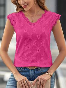 SHEIN Clasi 蕾絲拼接罩袖貝殼邊T恤 - 玫紅色 - 查看 4