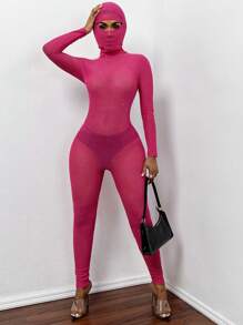 Slaydiva Solid  Glitter Mesh Unitard Jumpsuit With Hooded Gaiter - Hot Pink - View 1