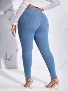 SHEIN SXY Plus High Waist Contrast Rhinestone Side Skinny Jeans - Medium Wash - View 2