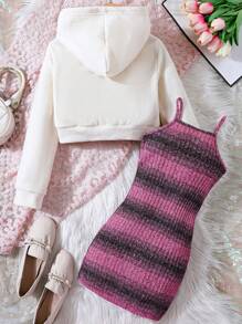 SHEIN Tween dziewczynka W paski Sukienka na ramiączkach & Z Kapturem Kurtki