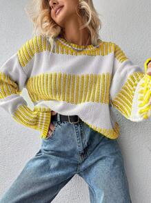 EURMUSE Striped Pattern Drop Shoulder Sweater - Yellow - View 5