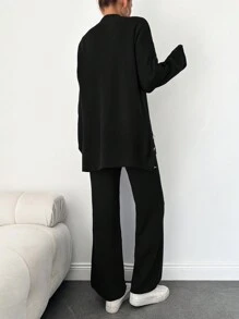 EURMUSE Sweater Two-piece Suit With Split Hem, Button Decoration, And Pants - Black - View 2