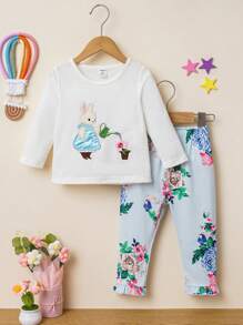 Baby Girl Cartoon Graphic Tee & Floral Print Pants