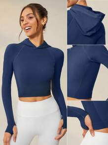 Lifespree 纯色短款运动卫衣，带拇指孔 - 藏蓝色 - 查看 5