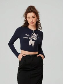SHEIN EZwear Camiseta Corta Impresa Con Dibujos Animados De Personajes - Azul Marino - Ver 2
