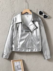 SHEIN Explorewe 女大童拉鏈開襟PU皮革機車夾克 - 銀色 - 查看 1