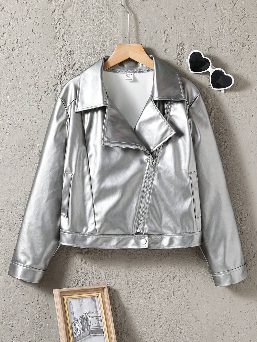 SHEIN Explorewe 女大童拉鏈開襟PU皮革機車夾克 - 銀色 - 查看 1