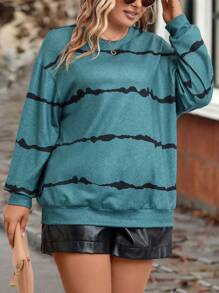 SHEIN LUNE Talla grande Sudadera con estampado de dibujo de hombros caídos - Verde - Ver 4