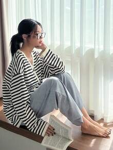 DAZY Sọc Thả vai Bộ giản dị - màu đen - Xem 5