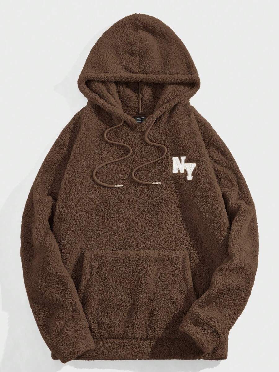 Manfinity RebelGame Men Letter Patched Kangaroo Pocket Drawstring Fuzzy Hoodie - Brown - View 1