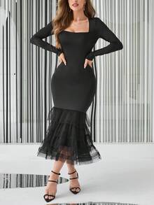 SHEIN Privé Vestido ajustado de malla en contraste bajo sirena - Negro - Ver 6