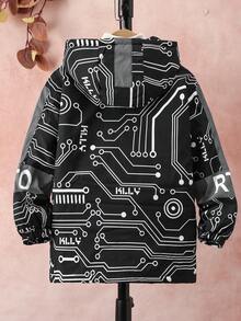 SHEIN Tween Boy Reflective Letter Graphic Hooded Coat - Black - View 2