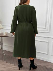 SHEIN Franclia Plus Lantern Sleeve Knot Front Dress - Army Green - View 2