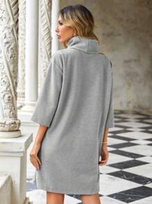 EURMUSE Women's Solid Color High Neck Long Sleeve Dress - Grey - View 2