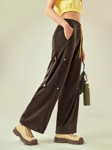 In My Nature Letter Graphic Drawstring Waist Outdoor Sweatpants - Coffee Brown - View 6