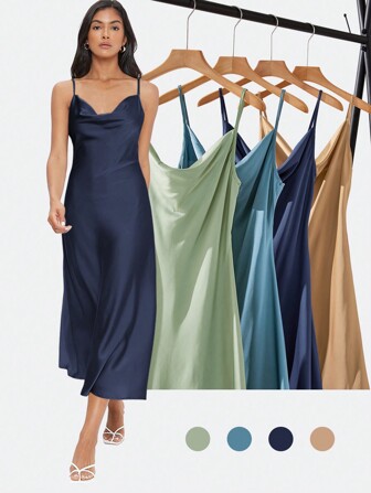 BizChic Vestido elegante de satén con escote de drapeado, largo, adecuado para bodas, negocios casuales, conciertos y atuendo de invitado de boda