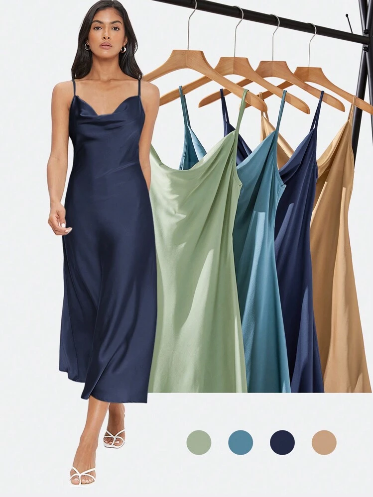 BizChic 女性用 ブラック ドレープネック サテンマキシドレス