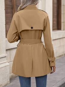 SHEIN LUNE Đôi ngực Thắt lưng Áo khoác Trench - Màu Khaki - Xem 2