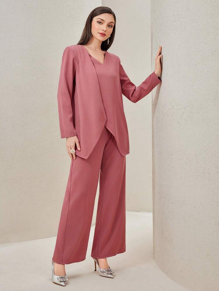 Solid Asymmetrical Hem Top & Wide Leg Pants Without Belt