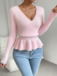 SHEIN LUNE 女士荷叶边V领休闲针织毛衣上衣，貂毛材质，适合秋冬季节穿着 - 粉色 - 查看 5