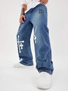 Manfinity Roghcode 男士休闲交叉印花直筒牛仔裤 - 藍色 - 查看 6