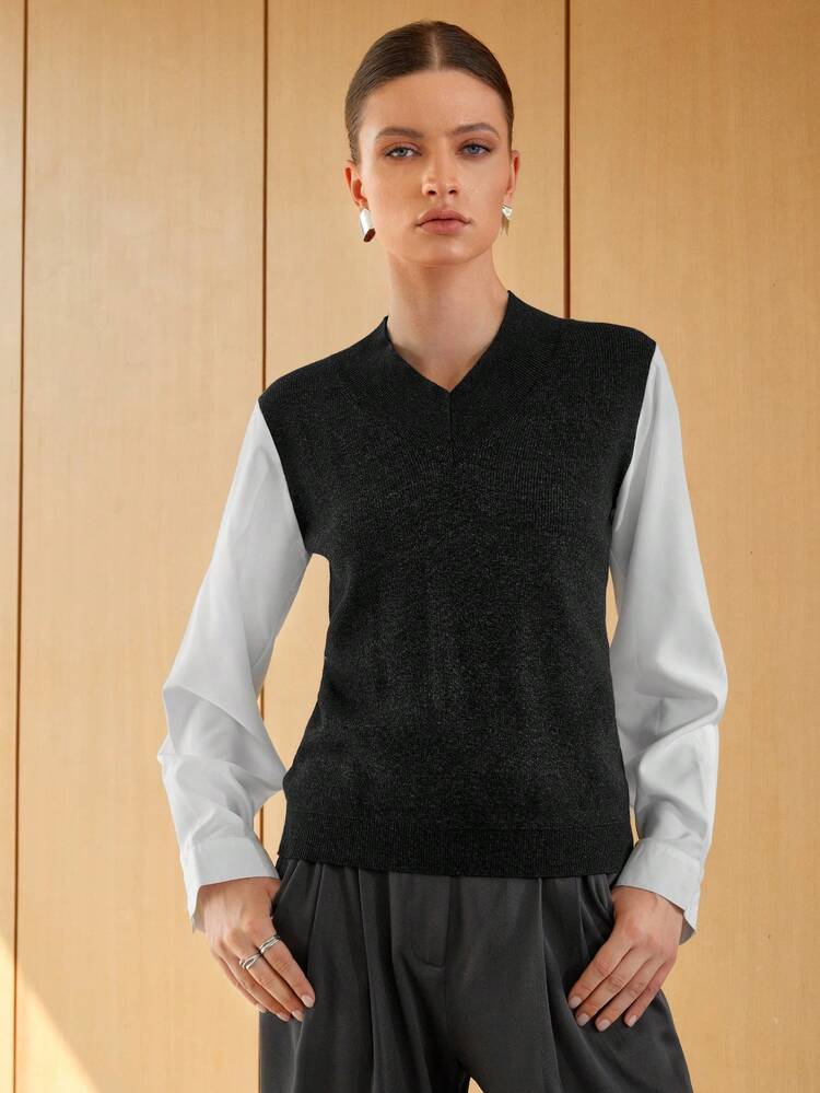 Two Tone V-Neck Knit Pullover Fall Winter Sweater