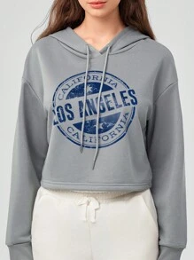 Forever 21 1pc Letter Printed Drawstring Hooded Sweatshirt For Women - Grey - View 5