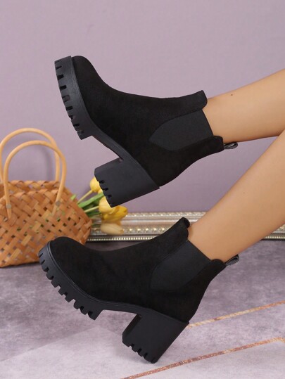 Women's Chunky Ankle Chelsea Boots, Elastic Boots, Faux Leather Stretch Thick Heel Casual Boots, Women's Shoes, New Women's Short Velvet Zipper Ankle Boots For Autumn/Winter, Thick Sole Round Toe Elastic Fashion Ankle Boots, Women Boots