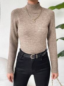 SHEIN Essnce Mock Neck Raglan Sleeve Sweater - Mocha Brown - View 4