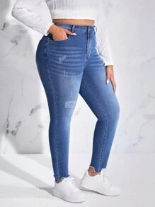 SHEIN EZwear Plus High Waist Ripped Raw Hem Skinny Jeans - Medium Wash - View 5