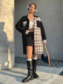 SHEIN EZwear Abrigo de color combinado con estampado de cuadros de hombros caídos con bolsillo con solapa con botón delantero - Multicolor - Ver 4