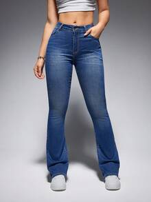 SHEIN EZwear 斜口袋牛仔喇叭褲 - 藍色 - 查看 2