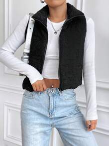 Flirla Zip Up Corduroy Winter Clothes Vest Padded Coat - Black - View 4