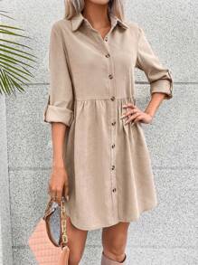 Breezaya Vestido smock de manga enrollada con botón con botón delantero