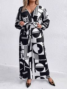 SHEIN Clasi Plus Geo Print Lantern Sleeve Belted Wide Leg Jumpsuit - Black and White - View 3