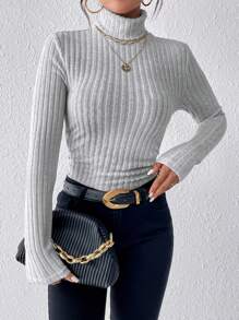 SHEIN Frenchy 高领罗纹针织 T 恤 - 灰色 - 查看 6