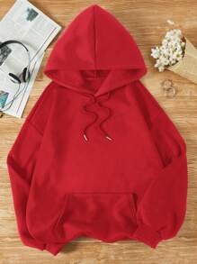 SHEIN EZwear 加大码口袋抽绳保暖卫衣，适合秋冬季节穿着，女士秋季服装 - 紅色 - 查看 1