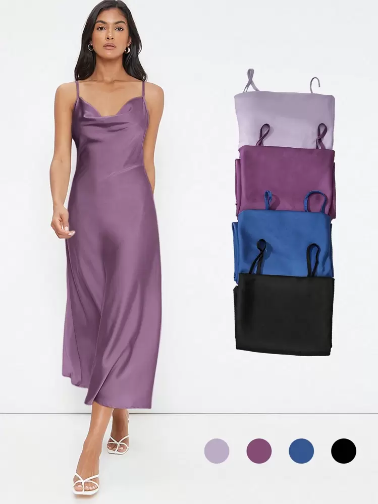 BizChic Vestido elegante de satén con escote de drapeado, largo, adecuado para bodas, negocios casuales, conciertos y atuendo de invitado de boda - Morado - Añade 5
