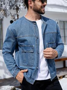 Manfinity Homme 寬鬆版男士翻蓋口袋和拼接牛仔外套 - 中等水洗藍 - 查看 5